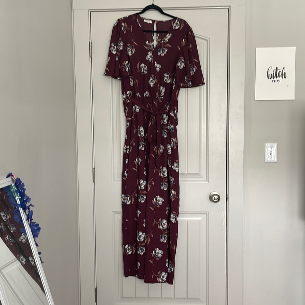 Maurice’s burgundy and floral jumpsuit